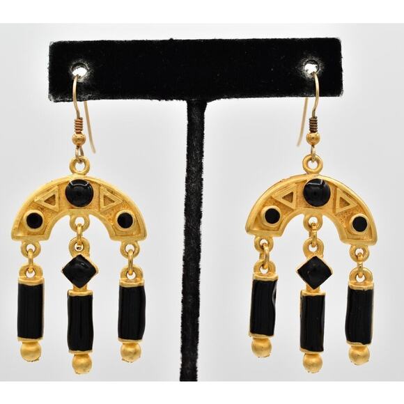 Vintage Dangle Earrings Brushed Gold Black Enamel Heavy Chunky NOS 1980s BinZ - Picture 1 of 12